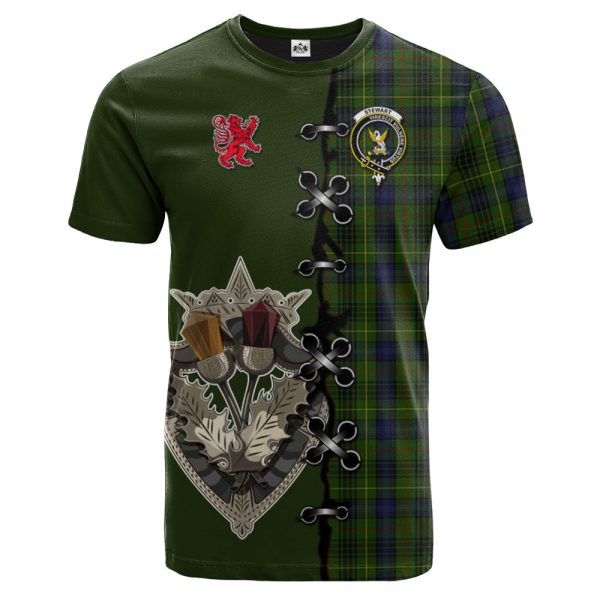 Stewart Hunting Tartan T-shirt - Lion Rampant And Celtic Thistle Style Cheap