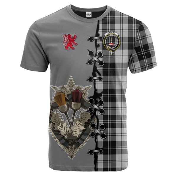 Erskine Black and White Tartan T-shirt - Lion Rampant And Celtic Thistle Style For Cheap