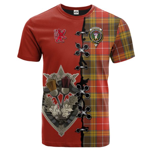 Buchanan Old Set Weathered Tartan T-shirt - Lion Rampant And Celtic Thistle Style Sale