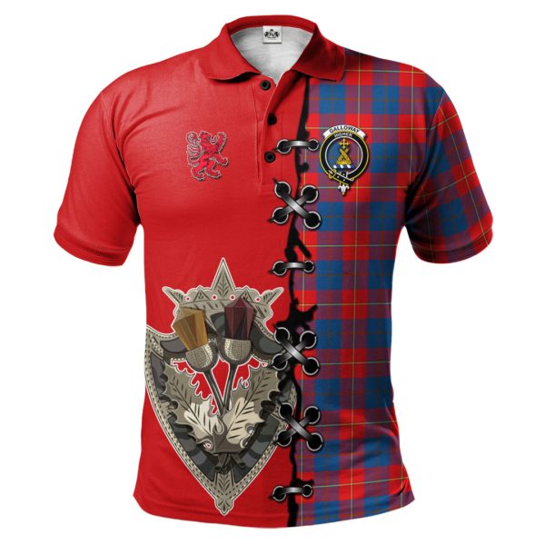 Galloway Red Tartan Polo Shirt - Lion Rampant And Celtic Thistle Style Sale