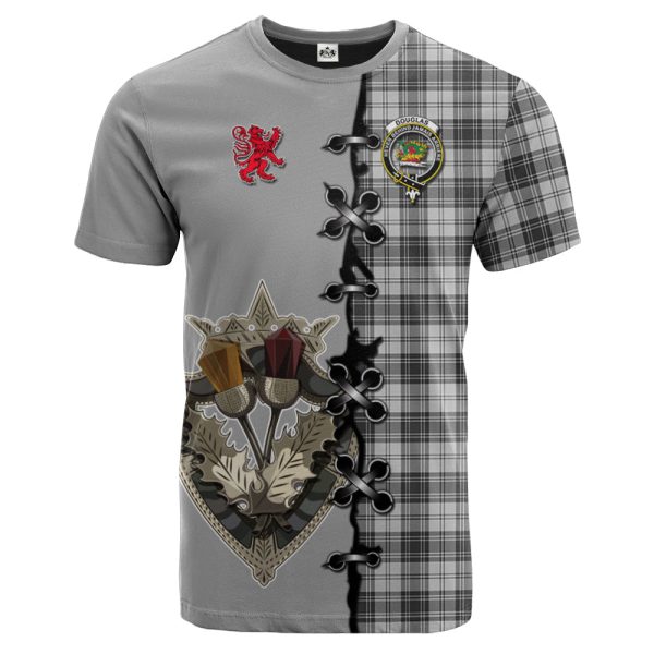 Douglas Grey Modern Tartan T-shirt - Lion Rampant And Celtic Thistle Style Cheap