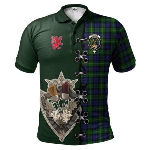 Gordon Tartan Polo Shirt - Lion Rampant And Celtic Thistle Style Online Sale