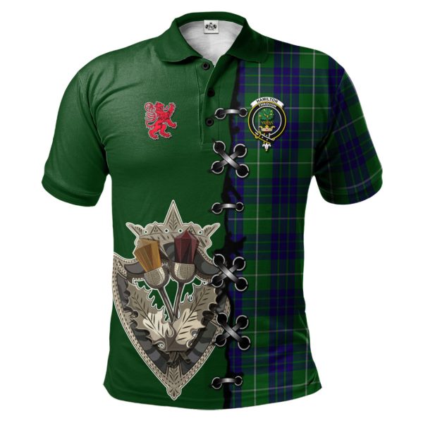 Hamilton Green Hunting Tartan Polo Shirt - Lion Rampant And Celtic Thistle Style Discount