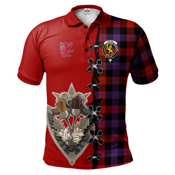 Broun Modern Tartan Polo Shirt - Lion Rampant And Celtic Thistle Style Fashion