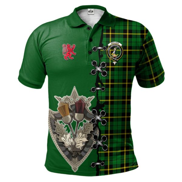 Wallace Hunting Green Tartan Polo Shirt - Lion Rampant And Celtic Thistle Style Cheap