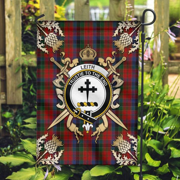 Leith Tartan Crest Black Garden Flag - Gold Thistle Style Fashion