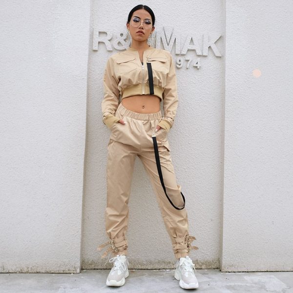 Women Suit Crop Tops Pants Two Piece Casual Sets Buckle Streetwear Set Online