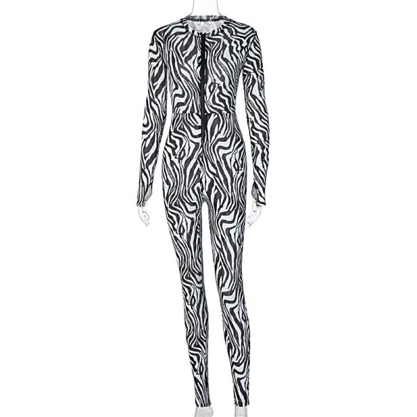 Zebra Print Mesh Zip Up Jumpsuit Women Outfits Stretchy Romper For Sale - Image 2