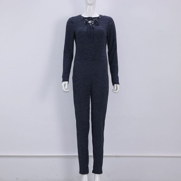 Women Long Sleeve V Cross Bandage Neck Knitted Bodycon Jumpsuit Hot on Sale - Image 5
