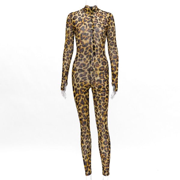 Women Long Sleeve Leopard Print Mesh See-through Bodycon Jumpsuit Cheap - Image 2