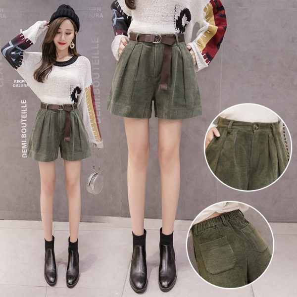 Women High Waist Corduroy Shorts With Belt Loose Wide Leg Shorts Discount - Image 3