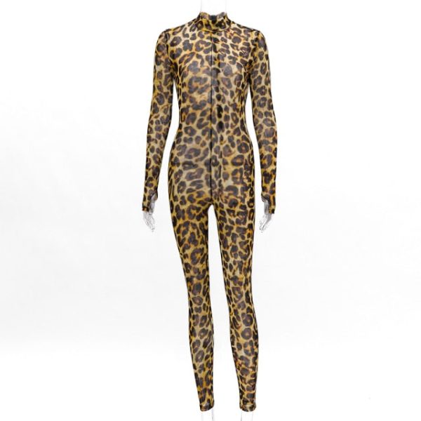 Women Long Sleeve Leopard Print Mesh See-through Bodycon Jumpsuit Cheap - Image 3