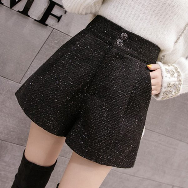 Woolen Shorts Women Solid Pattern High Waist Sequin Tweed Short Pants Cheap