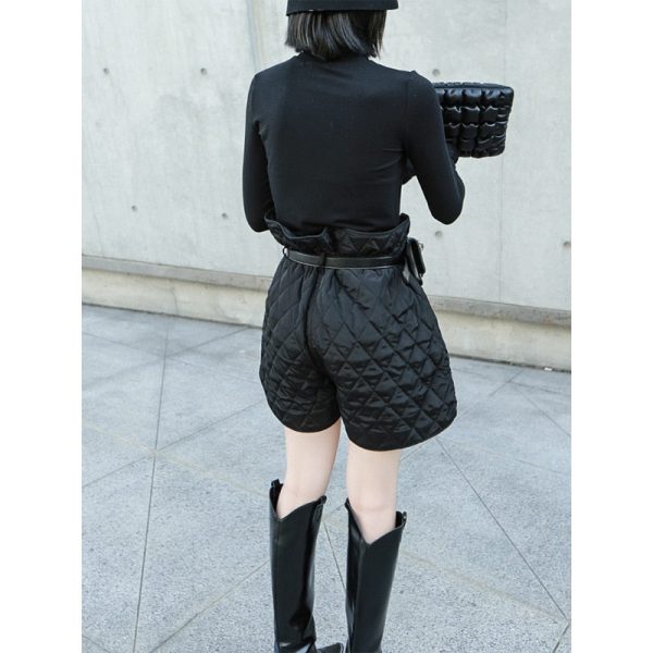 Women Warm Lining Bandage High Waist Vintage Black with Belt Shorts For Discount - Image 2