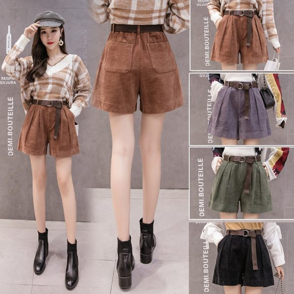 Women High Waist Corduroy Shorts With Belt Loose Wide Leg Shorts Discount - Image 2