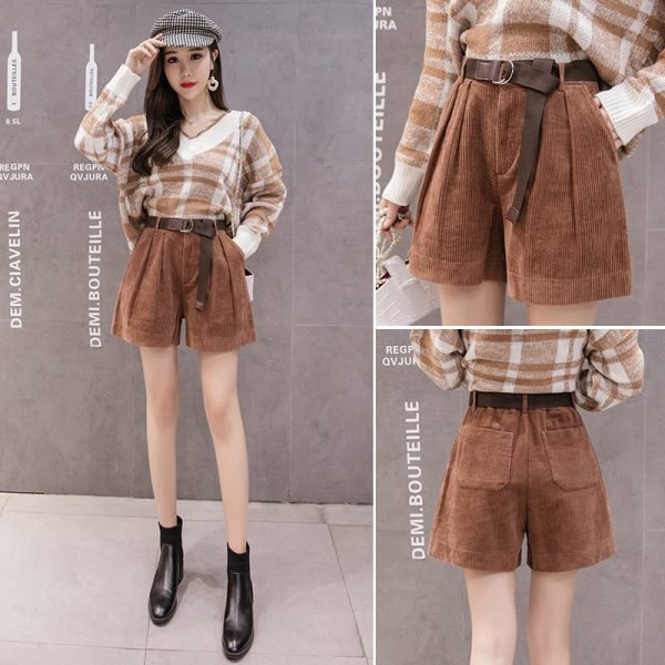 Women High Waist Corduroy Shorts With Belt Loose Wide Leg Shorts Discount - Image 4